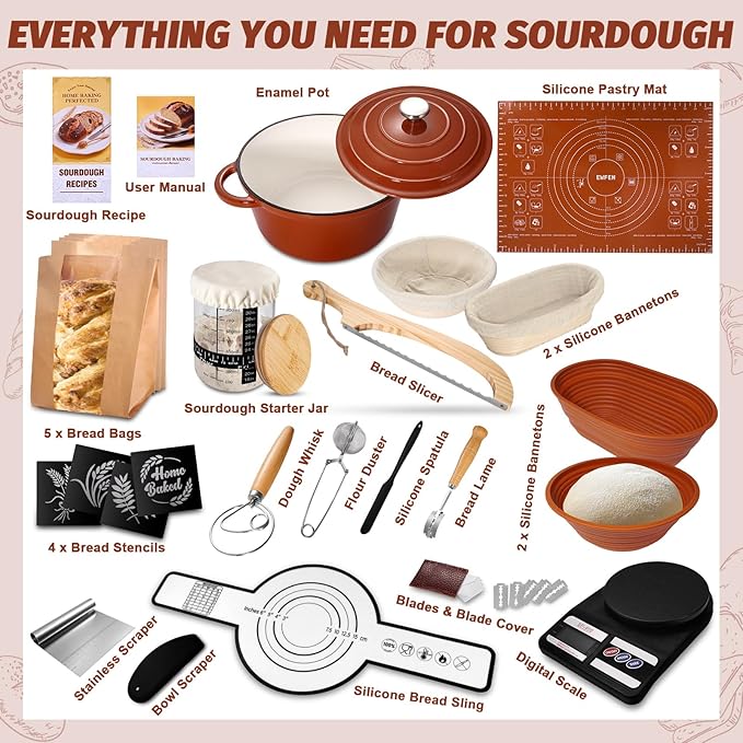 EWFEN Sourdough Starter Kit with Enamel Cast Iron Pot, Complete Sourdough Bread Baking Supplies, Round & Oval Bread Proofing Basket with 34 Oz Starter Jar, Bread Making Tools Kit - Image 2