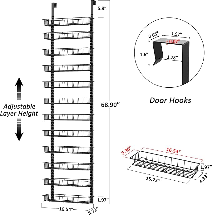 Churboro 12 Tier Over Door Pantry Organizer, 2-in-1 Adjustable Spice Rack | Pantry Door Organizers and Storage, Hanging or Wall Mount Spice Rack, Sturdy Metal Shelves with 12 Adjustable Baskets, Black - Image 2