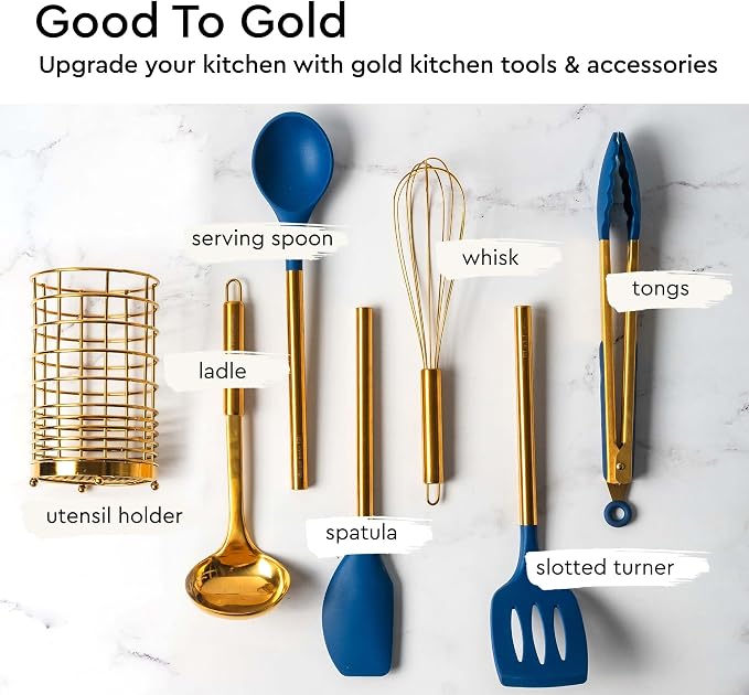 Styled Settings Gold and Navy Blue Kitchen Utensils Set, 7-Piece | Silicone Cooking Tools for Nonstick Cookware with Utensil Holder - Stylish Cooking Gifts for Modern Kitchens - Image 3