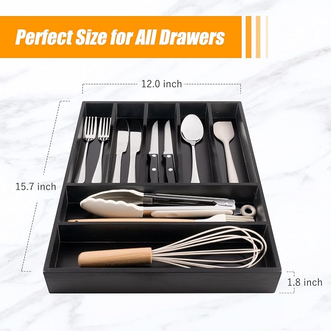 Bamboo Silverware Drawer Organizer, Utensil Kitchen Drawer Organizer, Utensil Holder Cutlery Tray with Grooved Drawer Dividers for Kitchen Utensils and Flatware Bedroom Office (7 Slot, Black) - Image 3