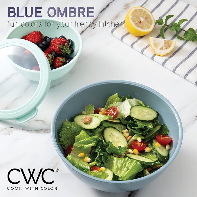COOK WITH COLOR Mixing Bowls with TPR Lids - 12 Piece Plastic Nesting Bowls Set includes 6 Prep Bowls and 6 Lids, Microwave Safe (Blue) - Image 3