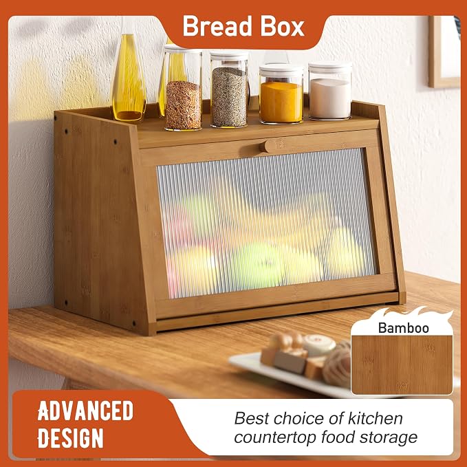 GHWIE Large Bread Box, Easy Access & Cleaning - Bamboo Bread Box for Kitchen Countertop with Acrylic Door (Coffee, Medium) - Image 2