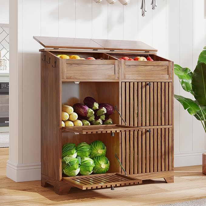 Potato Storage Bins, Fruit and Vegetable Storage, Kitchen Pantry Cabinet | Tall Large Potato and Onion Storage Bin, with 4 Doors, 3 Tier, Mid Century Modern, Wooden, Magnetic Flip top, Walnut by BuyNow