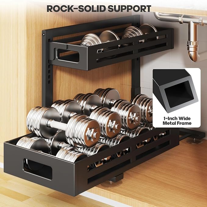 2 Pack 19IN-Depth Under Sink Organizer,Pull Out Cabinet Organizer With Smooth Cylindrical Rail,Metal Slide Out Drawer for Kitchen Bathroom Laundry,8-Level Tool Free Height Adjustable-Black - Image 5