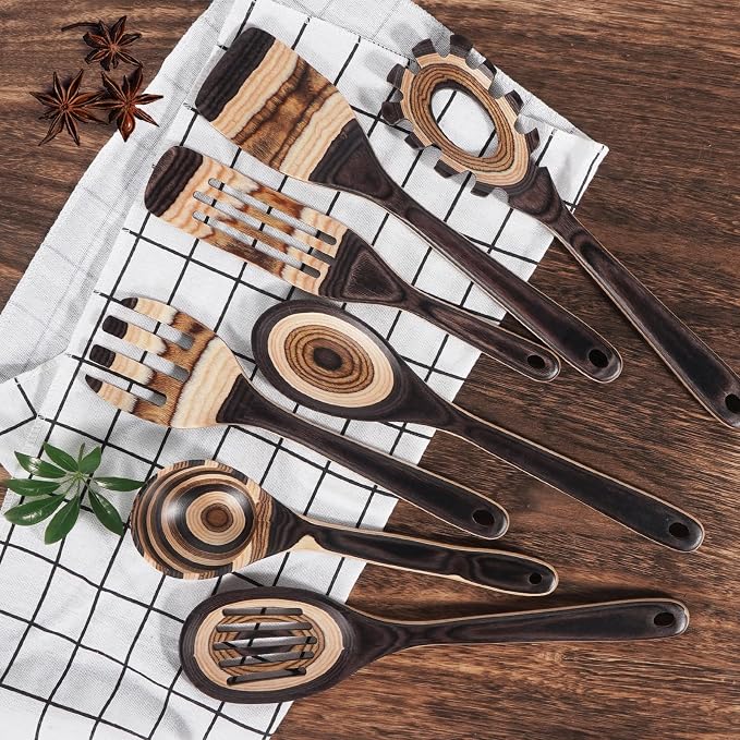 MYRAINBOW Wooden Spoons for Cooking, 7 Piece Pakkawood Kitchen Utensils Set with Spatulas, Spoons, Ladles, and Turner for Mixing, Serving & Cooking - Image 2