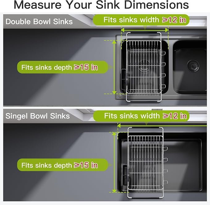 JASIWAY Dish Drying Rack in Sink, Dish Drainer with Cup and Utensil Holder | Over The Sink Expandable Stainless Steel Strainer Dryer Rack for Small Kitchen, Counter Space Saving, Fast Drain, Rustproof - Image 3