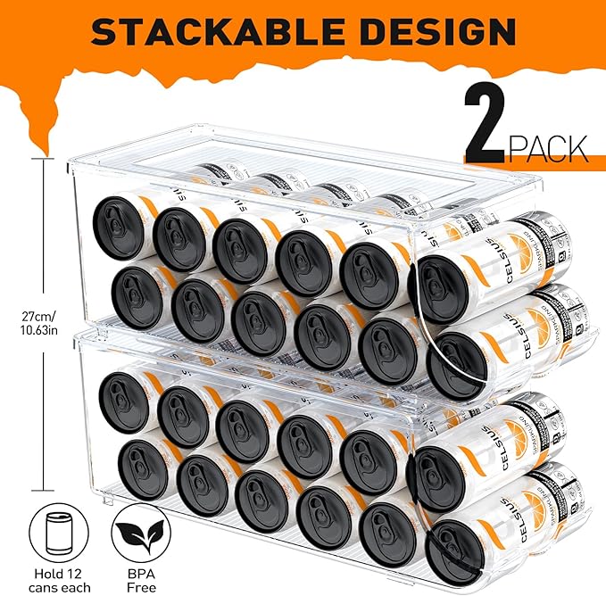 SCAVATA 2 Pack Skinny Can Organizer for Refrigerator, Stackable Tall Skinny Soda Pop Can Holder Dispenser with Lid for Fridge Pantry Rack Freezer, Clear Plastic Storage Bins-Holds 12 Slim Cans Each - Image 2