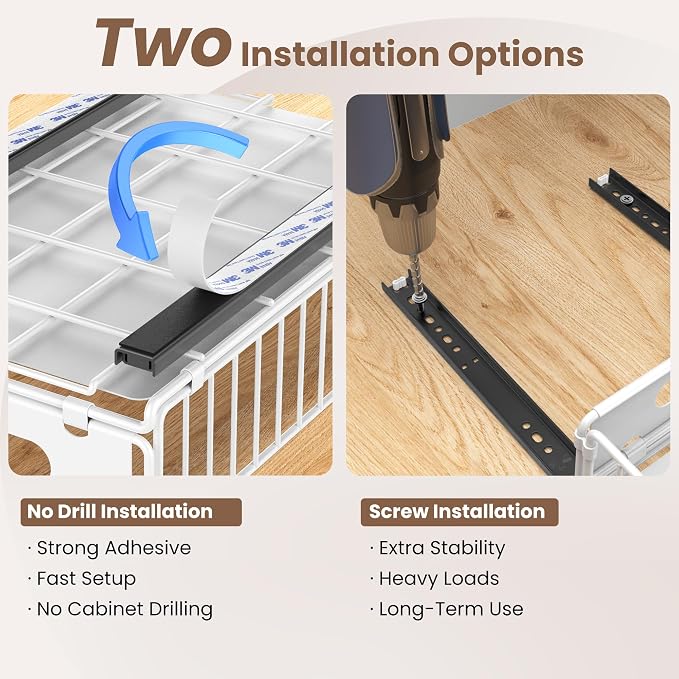 2 Pack Pull Out Cabinet Organizer, Heavy Duty Slide Out Drawer with No Drill Adhesive or Screw Mount, Carbon Steel Roll Out Shelf for Kitchen Cabinet, Pantry & Bathroom Storage - Image 6