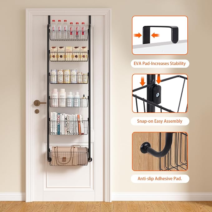 VECELO Kitchen Over the Door Organizer, 6-Tier Pantry Door Organizers and Storage, Metal Sturdy Over the Door Pantry Organizer, Easy Installation Over the Door Storage Spice Rack Shelves, Black - Image 3