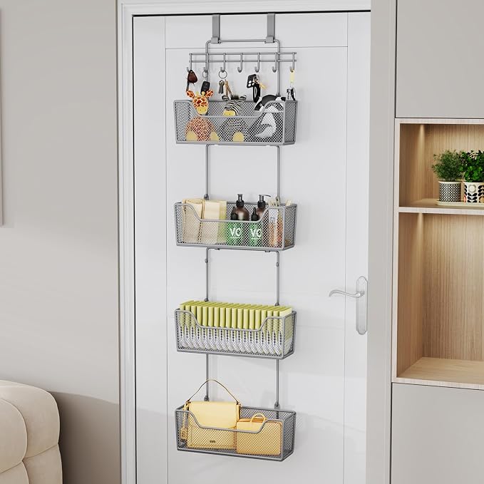 HapiRm Over The Door Organizer - Hanging Door Organizer with 4 Metal Large Capacity Baskets and Adjustable Coat Hook for Bathroom Bedroom Kitchen Pantry Closet Cabinet - Image 2
