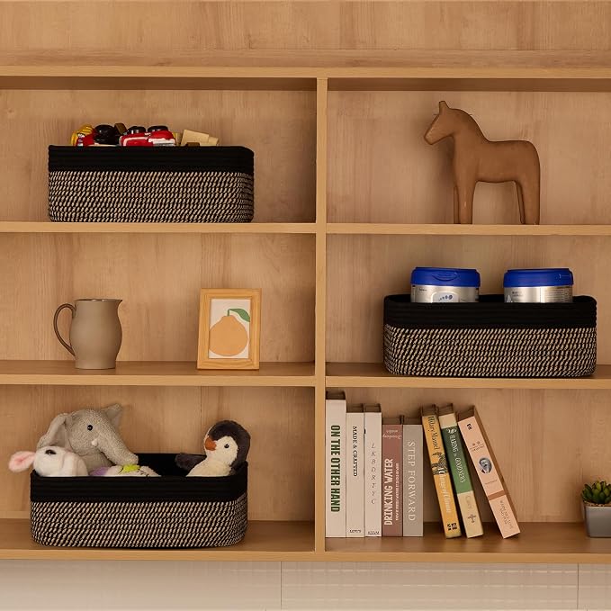 MiniArk Large Shallow Organizing Baskets 15x11x5.1 Inches - Rope Woven Storage Bins for Bathroom, Shelves, Cube Closet, Black Woven Brown 4 Packs - Image 3