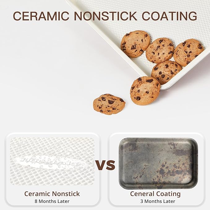 3 Pack Nonstick Ceramic Baking Sheet Pan Set for Oven, Non-Toxic Half/Quarter/Jelly Roll Pans with Diamond Texture, 0.8mm Aluminized Steel Cookie Trays for Cooking, Cream - Image 2