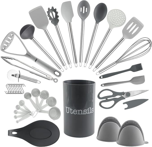 COOK WITH COLOR Silicone Cooking Utensils, Kitchen Utensil Set, Easy to Clean Silicone Kitchen Utensils, Cooking Utensils for Nonstick Cookware, Kitchen Gadgets Set, 38 Piece, Gray by CookwithColor