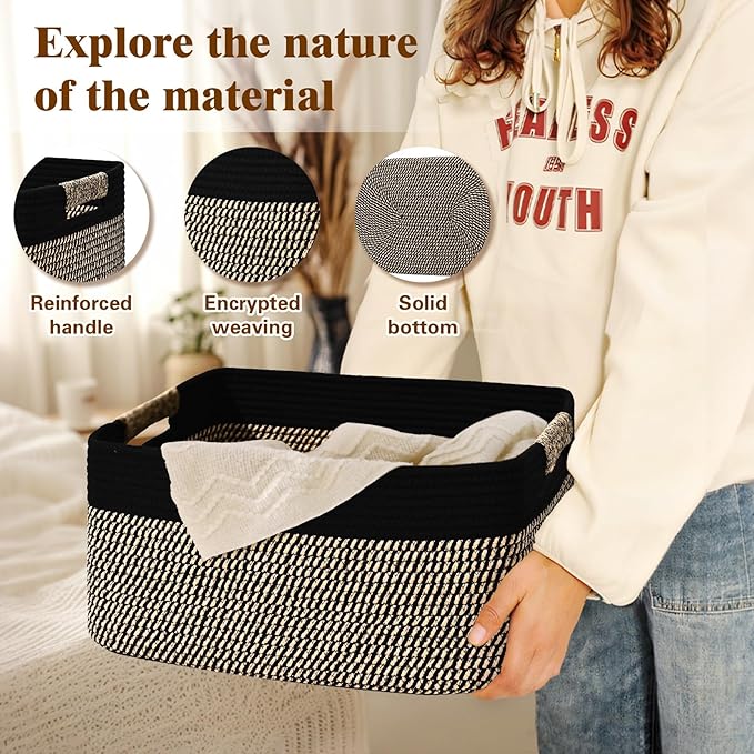 3 Pack Large Storage Basket for Organizing, 17.5"x13"x7" Woven Basket for Shelves, Closet Cube Storage Bins with Wrapped Handle, Cotton Rope Baskets for Kitchen, Clothes, Toys(Black & Brown) - Image 3