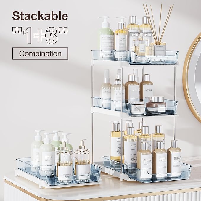 Delamu 2-Tier Multi-Purpose Bathroom Under Sink Organizers and Storage, Stackable Kitchen Pantry Organization, Pull Out Medicine Cabinet Organizer with Movable Dividers, Blue, 4 Pack - Image 3