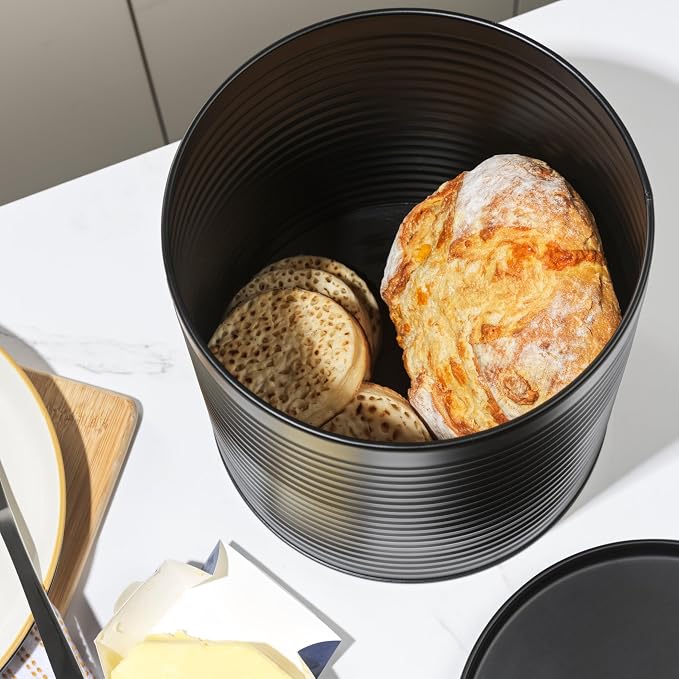 Russell Hobbs Ribbed Round Bread Bin – Metal Bread Box, Large Kitchen Canister, Countertop Storage/Organisation, Durable Powder-Coated Steel, Pull Top Lid, Easy to Clean, Ribbed Design, Black - Image 5