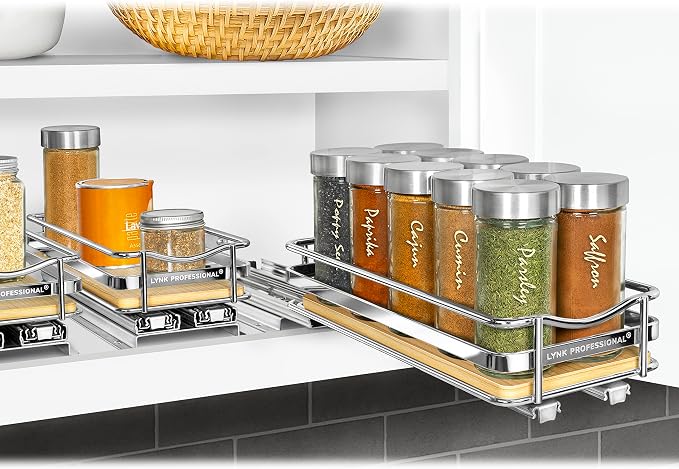LYNK PROFESSIONAL® Élite™ Pull Out Spice Organization for Cabinets - 4-3/8 inch Wide – Spice Rack for Inside Cabinets – Wood/Chrome - Sliding Spice Rack Organizer for cabinet – Spice Rack - 1 Tier - Image 7