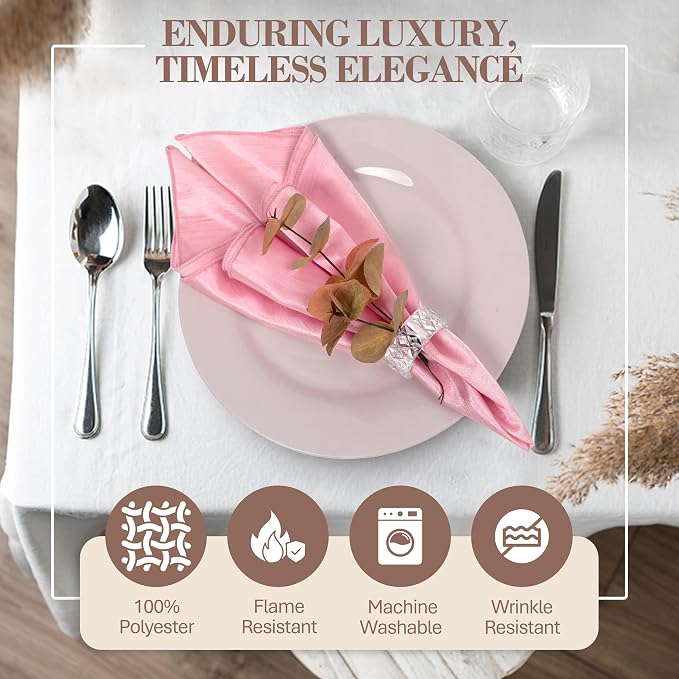 17x17-Inch Shantung Cloth Napkins, Light Pink, Set of 12 | Bulk Case of 1 Dozen, Satin, Square, 100% Polyester Fabric, Reversible, Faux Dupioni Silk Reverse Side, Machine Washable - Image 2