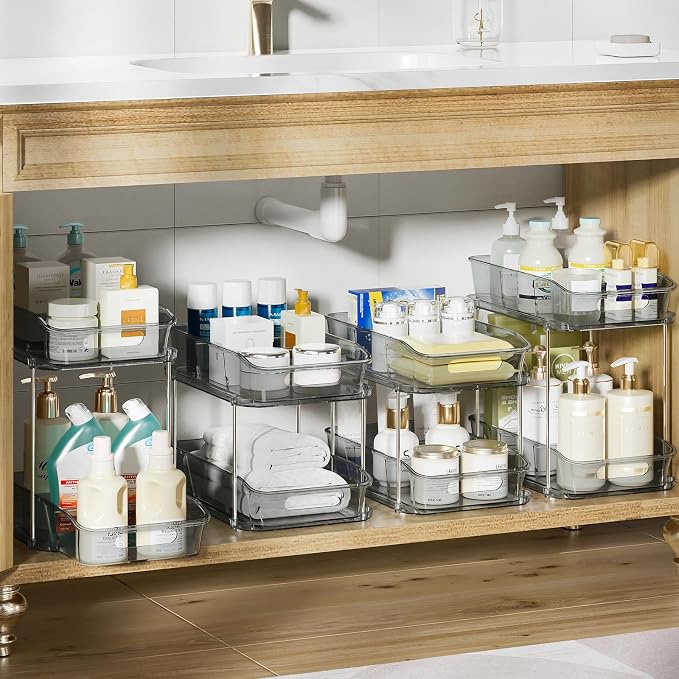Delamu 2-Tier Under Sink Organizers and Storage, Multi-Purpose Stackable Bathroom Cabinet organizers, Pull Out Kitchen Pantry Organization and Storage with Dividers(4 Pack, Grey) - Image 2