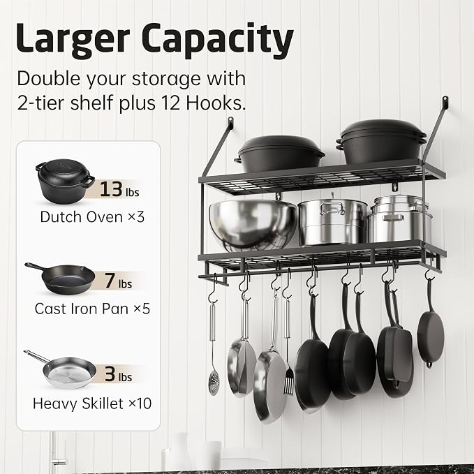 KES 30-Inch Kitchen Pot Rack - Mounted Hanging Rack for Kitchen Storage and Organization - Matte Black 2-Tier Wall Shelf with Guard Rail for Pots and Pans Organizer with 12 Hooks - KUR215S75B-BK - Image 2