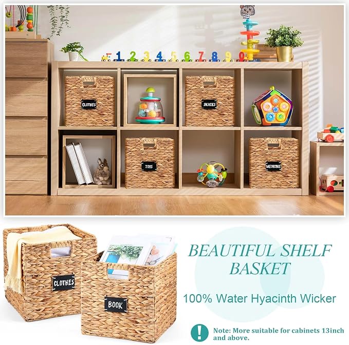 Jinei 12 Pcs Wicker Storage Basket Bulk, 12 x 12 Inch Handwoven Water Hyacinth Folding Cube Bin with Handles Labels for Shelves Pantry Laundry Organization - Image 6