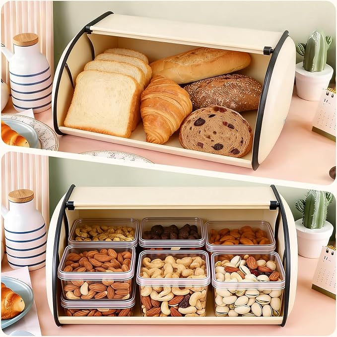 Bread Box,Roll Top Bread Box Vintage Bread Container for Kitchen Countertop Drum Type Metal Bread Storage Bin for Bread Cake Doughnut Biscuit Food Tableware (Type 1) - Image 2