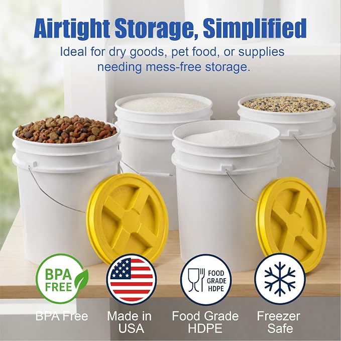 5 Gallon Bucket - Food Grade w/Lid BPA-Free, White/Yellow, 6 | Airtight Gamma Seal Screw-On Lid, Heavy-Duty 90 Mil HDPE Plastic, Food Safe and Durable Container, Bulk Storage, Made in USA - Image 2