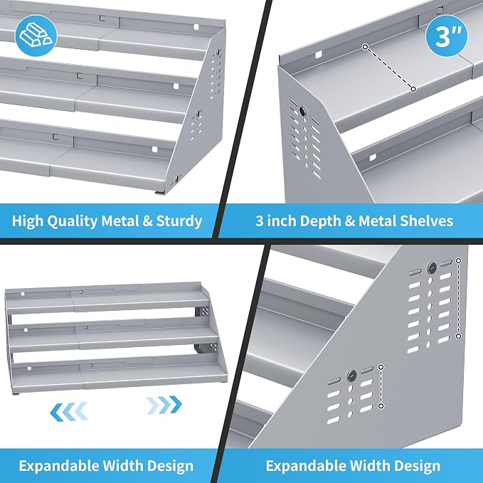 BOIVSHI 3 Tier Spice Cabinet Organizer for Countertop, Spice Shelf - Gray | Expandable Width and Adjustable Height Spice Rack, Metal Tiered Spice Rack Shelf Step Design, Save Cabinet Space - Image 7