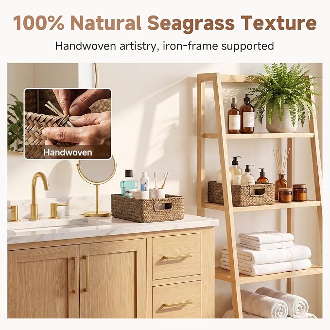 StorageWorks Wicker Baskets for Organizing, Woven Baskets for Storage | Seagrass, Pantry, Bathroom, Kitchen Closet, Table, Decorative, Book, Towel, Magazine, Food, Small, Medium, Rattan, Handle - Image 5