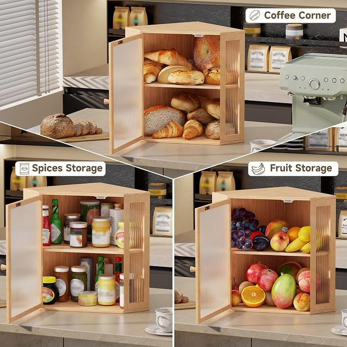 Corner Bread Box for Kitchen Countertop,Bread Storage(Natural, Extra Large) | Double Layer Large Capacity Bamboo Bread Container Bin with Acrylic Door,Height Adjustable - Image 8