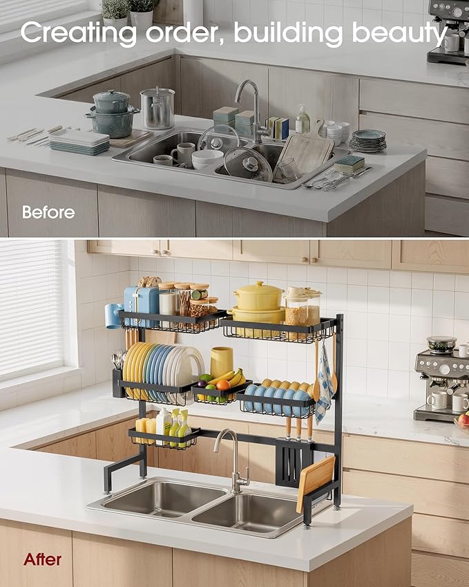 Sakugi Dish Drying Rack Over The Sink, Dish Drainer for Kitchen Counter | Stainless Steel Storage Organizer with Utensil Knife Holder & Hooks, Adjustable 11.8"Dx31.5"~39"Wx30"H, Black - Image 5