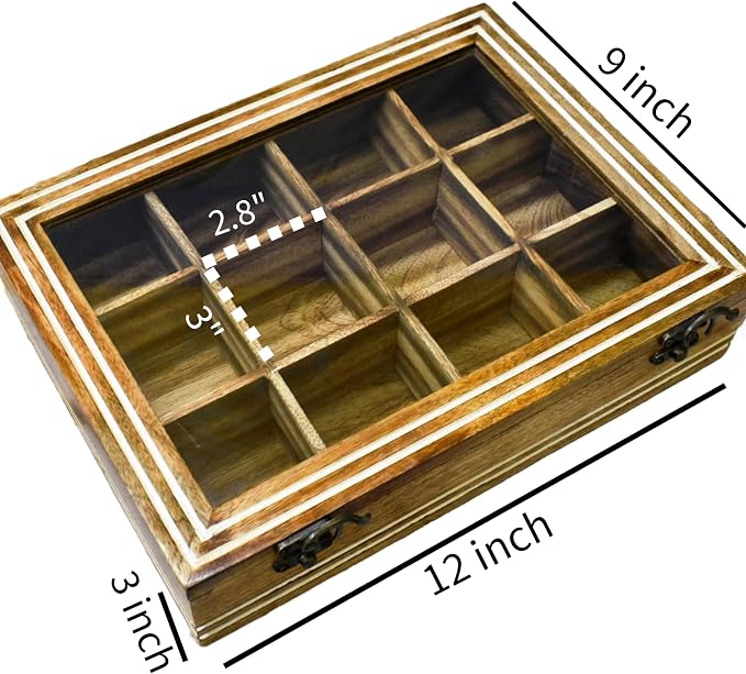 Wooden Tea Box - For Tea Bags Organiser - Engraved Hardwood Tea Chest with12 Compartments - Tea Storage Box Multi Functional - Wood Tea Box Organiser - 12 x 9 x 3 Inch (12 compartment box) - Image 2
