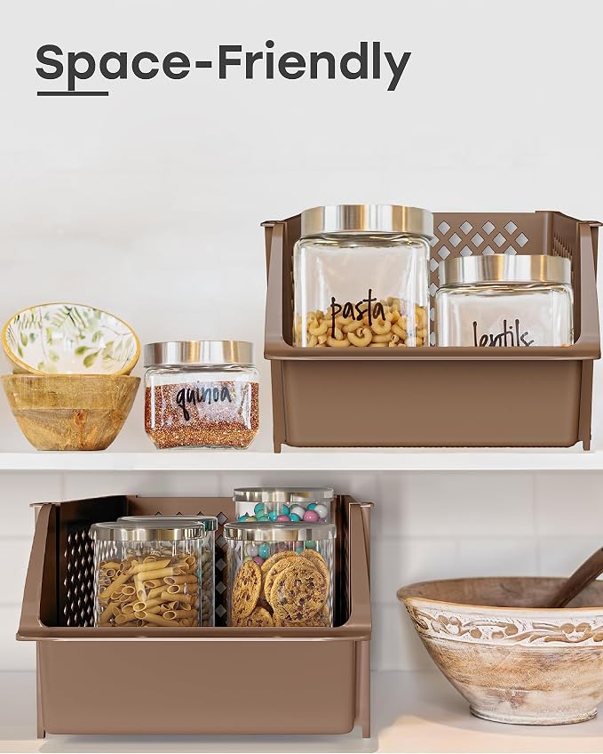 TidyFriend Plastic Stackable Storage Bins for Pantry, 4 Pack Stackable Bins For Organizing Food, Kitchen, and Bathroom Essentials (Brown) | Sturdy Plastic, Easy Stacking, Open Front Access, Ventilated Sides, Vertical & Space Saving Pantry Organizers an... - Image 5