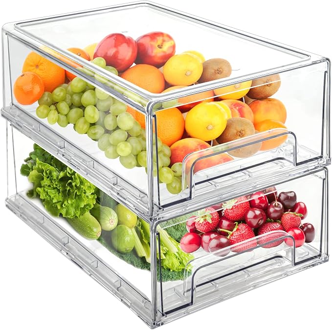 Mano 2Pack Clear Fridge Drawers Pull Out Stackable Refrigerator Drawer Organizer Bins Pantry Storage Box Plastic Food Containers for Kitchen Bathroom Office Closet (2pack-Large) by MANO