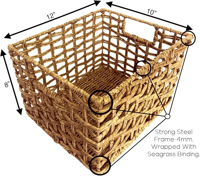 Handwoven Buri & Wicker Storage Baskets Set of 3 Open Weave, 12 x 10 x 8 In | Handwoven natural buri palm & wicker over sturdy iron frame, breathable storage for pantry shelve, toys towels & rustic décor - Image 4