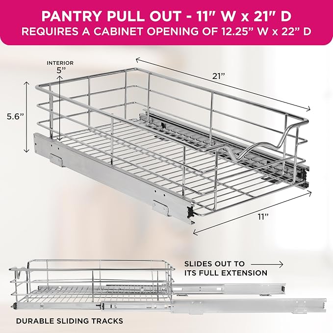 HOLDN’ STORAGE Pull Out Cabinet Organizer, Pantry Drawer, 11"W x 21"D x 5"H | Heavy-Duty Full-Extension, Roll Out Shelf for Pots, Pans & Under Sink Storage, Chrome, Require a 12.25"W Cabinet Opening - Image 3