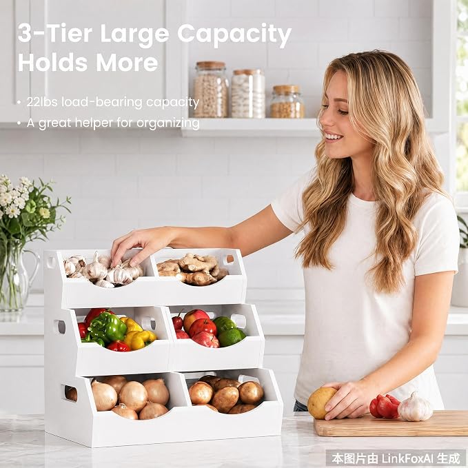 Potato and Onion Storage Bin, 3 Tier Bamboo Kitchen Storage Rack, Stackable Ventilated Pantry Organizer with Handles for Garlic Peppers Vegetables, Countertop Produce Bins, White(Assembly Required) - Image 2