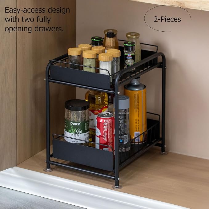 Under Sink Organizer Sliding Wire Baskets Adjustable 2-Tier Metal Storage Rack for Bathroom Kitchen or Utility Cabinets Pull-Out Shelf for Cleaning Supplies & Pantry Essentials, Set of 2 - Image 4