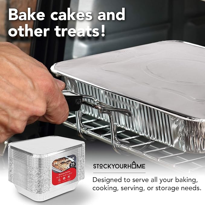 Stock Your Home Disposable Aluminum Pans with Lids 9x13 (25 Pans and 25 Lids), Food Containers for Baking, Cooking, Heating, Storing and Prepping - Image 6