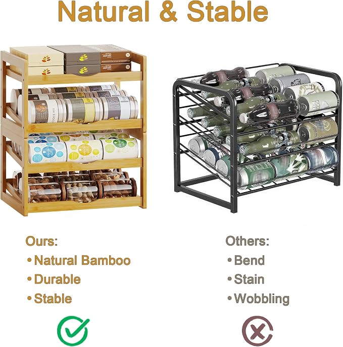 BAMBANG Can Organizer for Pantry, 4 Tier Stackable Bamboo Canned Food Storage Rack, Rolling Soda Can Dispenser Holds Up to 48 Cans, Detachable Can Organizer for Cabinet, Natural - Image 4