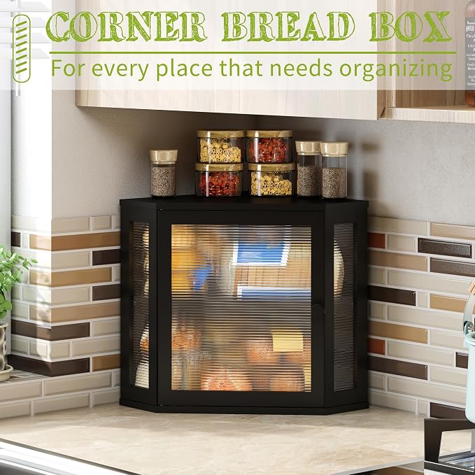 BMOSU Corner Bread Box for Kitchen Countertop Double Layer Bamboo Wooden Bread box Large Capacity Bread Storage Bin(Black, Medium) - Image 3
