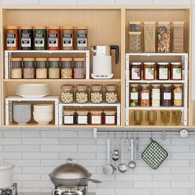 Expandable Spice Rack Kitchen Cabinet Shelf Organizer, Stackable Storage Shelves Racks, Adjustable Counter Shelving for Cabinets, Countertop, Cupboard,Pantry and More(2Packs/White/Medium) - Image 3