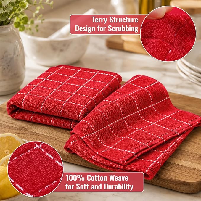 Kitinjoy 100% Cotton Terry Kitchen Towels, 13”x 28”, 8-Pack, Red | Checkered Designed, Ultra Soft Absorbent Quick Drying Dish Towels - Image 2