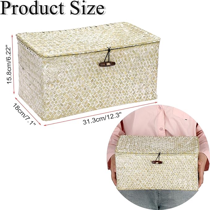 Hipiwe Seagrass Storage Basket Bins with Lid Handwoven Wicker Shelf Baskets | Rectangular Basket Household Organizer Boxes for Shelf Closet Bedroom Home Decor, Whitewash Medium - Image 3