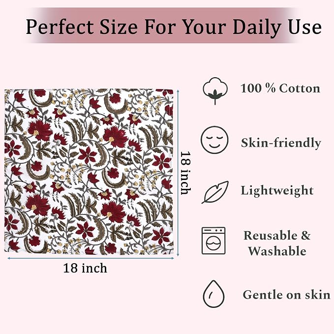 Prune Red Hand Block Print 100% Cotton Napkins 18" x 18" (Set of 4) Reuseable Kitchen Napkins Cloth Decor Dinner Party Wedding Cocktail Gift for Spring, Easter, Summer - Image 5