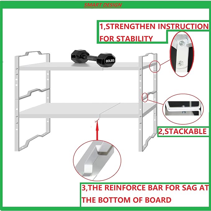 Jojocross Expandable Shelf for Cabinet Organizer Adjustable Stackable Spice Rack at Kitchen and Bathroom More, Counter Countertop Cupboard Organization Pantry Storage(MEDIUM/2PACKS/WHITE) - Image 6