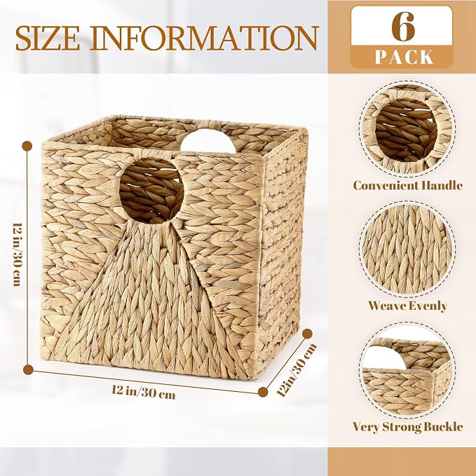 Jinei 6 Pcs Water Hyacinth Storage Baskets 12"x12"x12" Wood Color | Handwoven Wicker Bins with Handles, Wicker Cube Baskets Bulk for Shelves Organizer Laundry, Closet Bedroom - Image 2