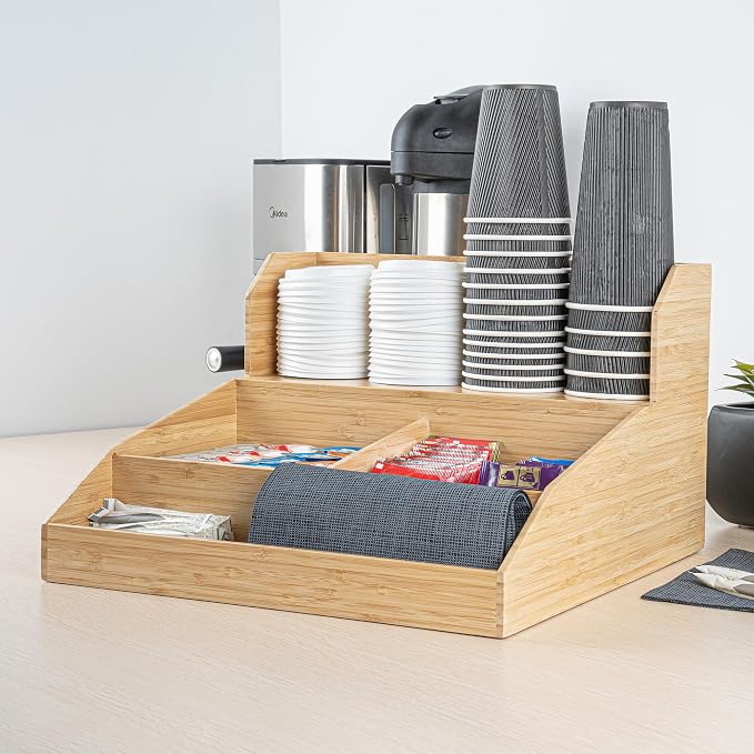 Restaurantware Coffee Cup Organizer 15 x 14.25 x 9.25 Inch Multipurpose Bamboo Condiment Holder Brown Countertop Cup and Lid Organizer for Coffee Shops and Office Break Rooms - Image 4