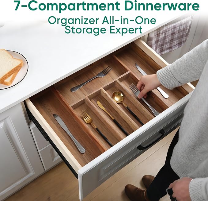 Acacia Wood Silverware Organizer, 7-Compartment Expandable Drawer Tray | Expands from 13.11 to 21.65 in wide, 16.93 in deep, with 7 compartments, acacia wood construction, and anti-slip pads - Image 4