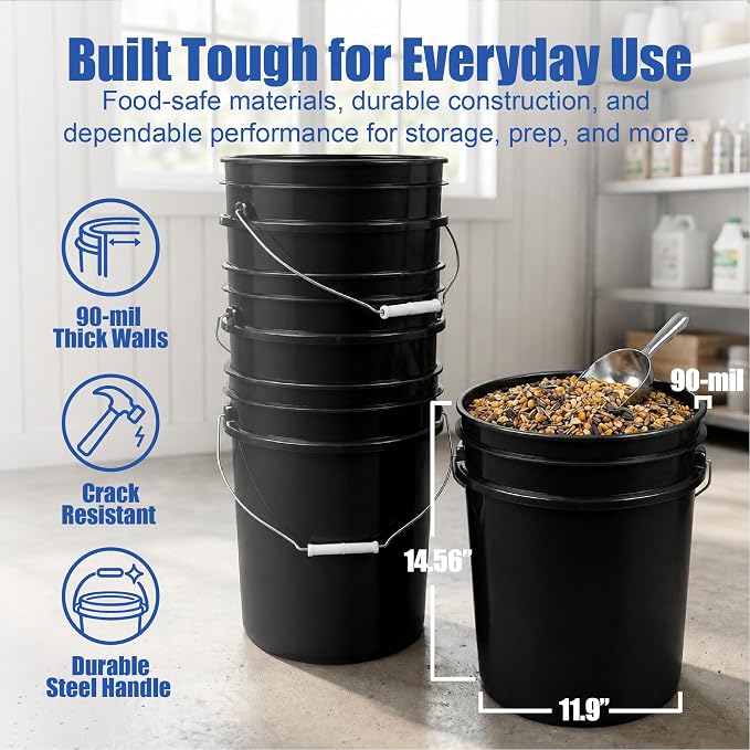 5 Gallon Bucket - Food Grade w/Lid BPA-Free, 1 Pack - Black | Airtight Gasketed Tear Strip Lid, Heavy-Duty 90 Mil HDPE Plastic Pail, Bulk Storage, Food Safe Durable Container, Made in USA - Image 4